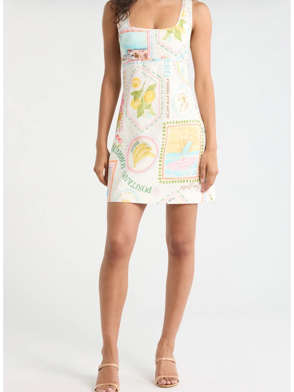 Ever New Hadley Cutout Ruched Back Linen Blend Mini Sundress Postcard Print